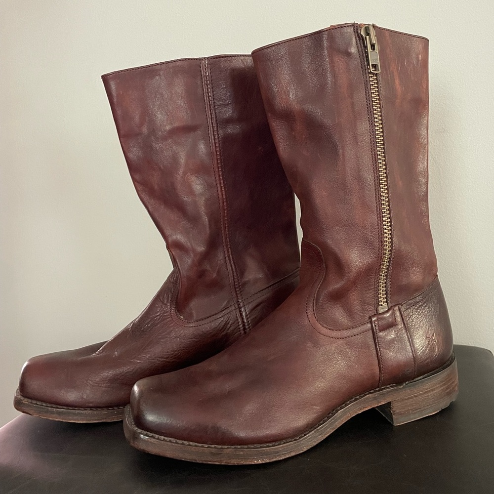 Men’s Frye Leather Outside Zip Boots, Brown 11D